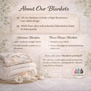 May include: A stack of blankets with floral patterns and a candle on a wooden tray. The image includes text about the blankets, including details about the materials and printing process.