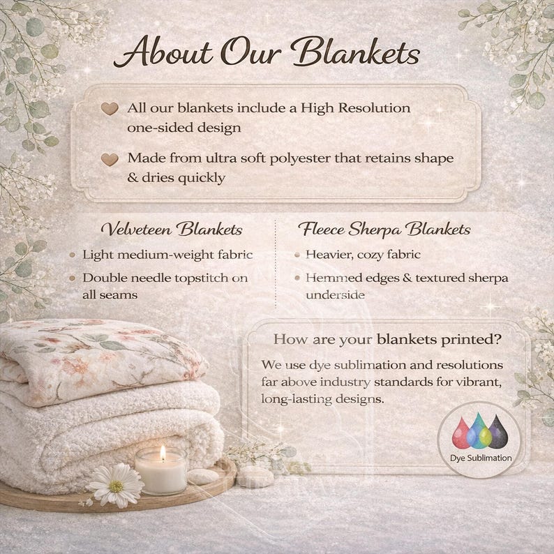 May include: A stack of blankets with floral patterns and a candle on a wooden tray. The image includes text about the blankets, including details about the materials and printing process.