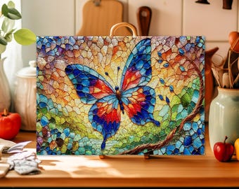 Butterfly Mosaic Tempered Glass Cutting Board, Kitchen Art