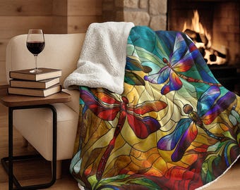 Stained Glass Dragonflies Art Blanket, Personalized Dragonfly Wall Decor