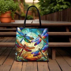 Stained Glass Dragonflies Tote Bag, Gift for Mom, Nature Lover Gift, Cottagecore Tote, Dragonfly Tote Bag, School Bag, Summer Totes