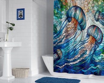 Jellyfish, Stained Glass, Shower Curtains, Ocean Aesthetic, Bathroom Decor, Mother's Day Gifts, Nature Lover Gift, Ocean Decor, Sea Lovers