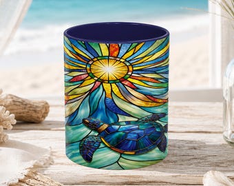 Stained Glass Sea Turtle Coffee Mug, Ocean Lover Gift, Beach House Decor