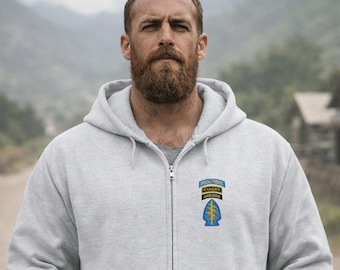 Embroidered Tower of Power Special Forces Full Zip Hooded Sweatshirt, Ranger Shirt, Military Gifts