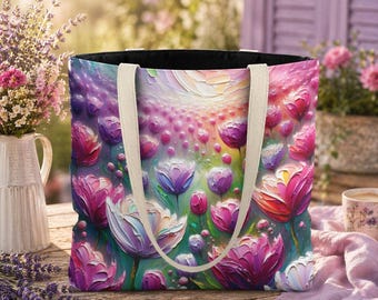 Purple Tulips Tote Bag, Floral Book Bag, Tulip Lover Gift