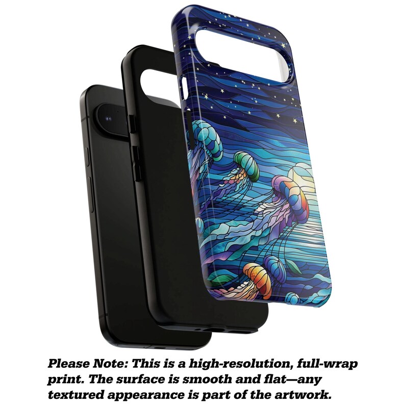 May include: A phone case with a colorful jellyfish design. The case features a vibrant illustration of jellyfish in shades of blue, green, and orange against a starry night sky. The case is black on the inside and has a smooth, flat surface.