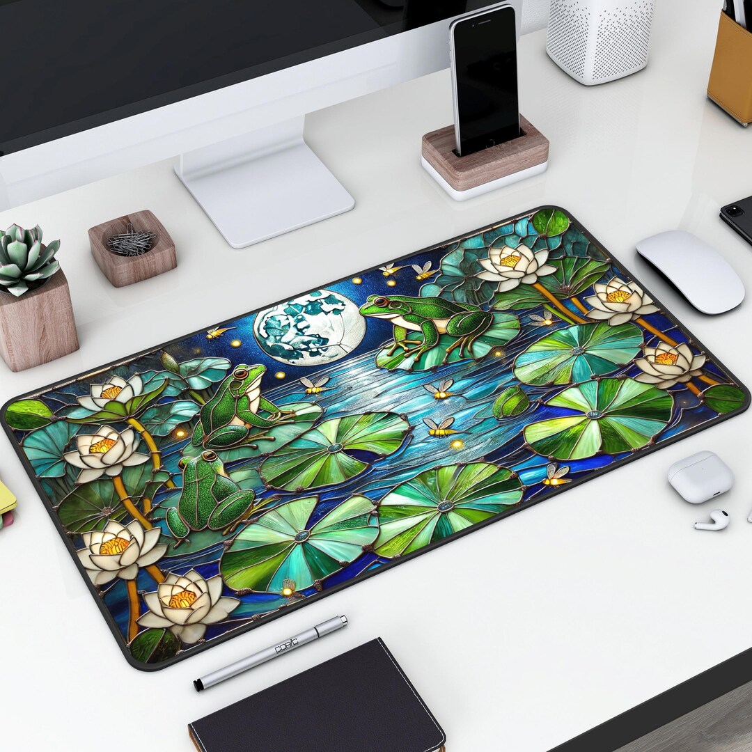 Moonlit Frogs Desk Mat, Stained Glass Style, Frog Office Decor - Etsy