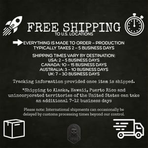 May include: Black background with white text and graphics. Text includes "FREE SHIPPING TO U.S. LOCATIONS" and shipping time details. Graphics include a rocket, stopwatch, box, and delivery truck.