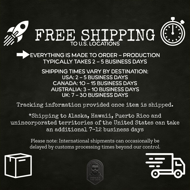 May include: Black background with white text and graphics. Text includes "FREE SHIPPING TO U.S. LOCATIONS" and shipping time details. Graphics include a rocket, stopwatch, box, and delivery truck.