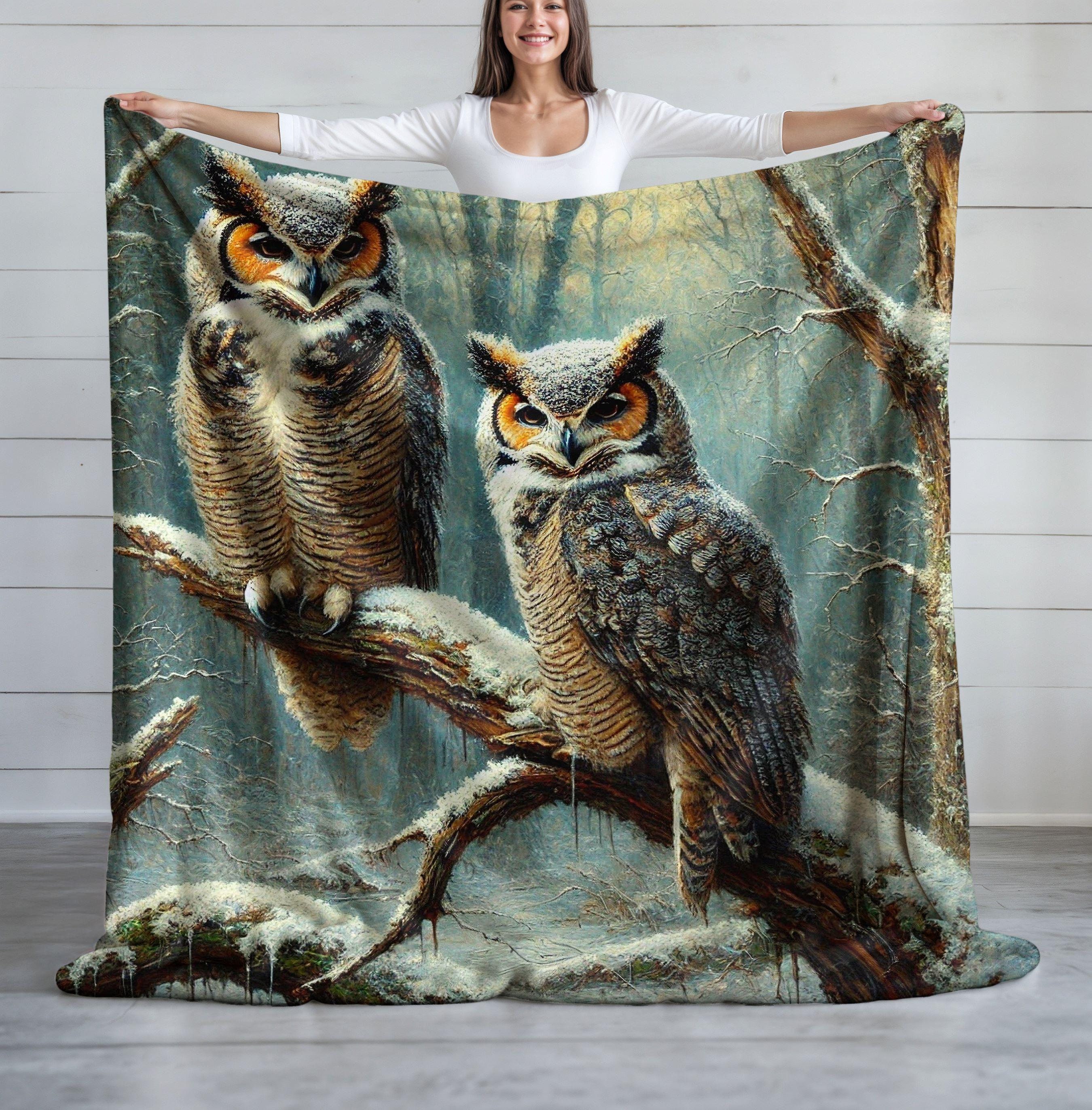 Great Horned Owls Blanket, Personalized Blanket, Owl Decor, Animal Lover Gift