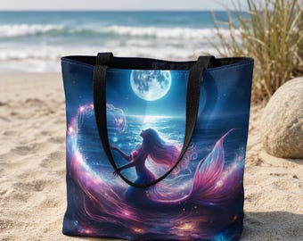 Moonlight Mermaid Tote Bag, Ocean Decor, Fantasy Art Gifts, Ocean Lover Gift