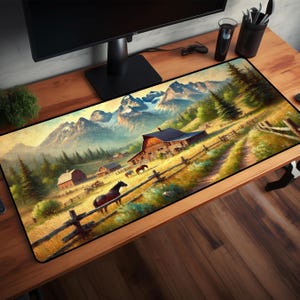 May include: A scenic landscape mousepad featuring a rustic farmhouse with a wooden fence and horses in a field. The background shows a mountain range with a blue sky and fluffy clouds.