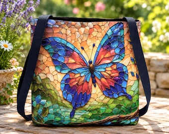 Butterfly Mosaic Tote Bag, Garden Lover Gifts, Stained Glass Art