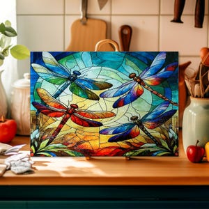 Dragonfly Glass Cutting Board: Stained Glass Style Kitchen Decor