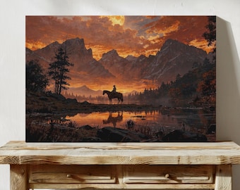 Fire Sky Cowboy Canvas Art, Rustic Cabin Decor, Man Cave Gifts
