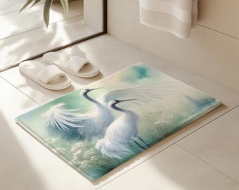 Elegant Watercolor Cranes Bath Mat, Bird Art, Nature Lover Gift