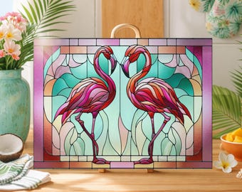 Stained Glass Style Flamingos Cutting Board, Beach House Decor