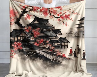 Temples and Cherry Blossoms Blanket, Japanese Home Decor, Personalized Asian Art