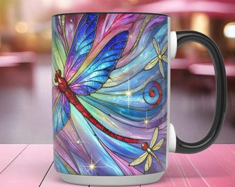 Dazzling Dragonfly Coffee Mug, Nature Lover Gift, Dragonfly Decor, Stained Glass Art