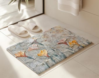 Rustic Floral Bath Mat, Stone Art, Elegant Bathroom Decor
