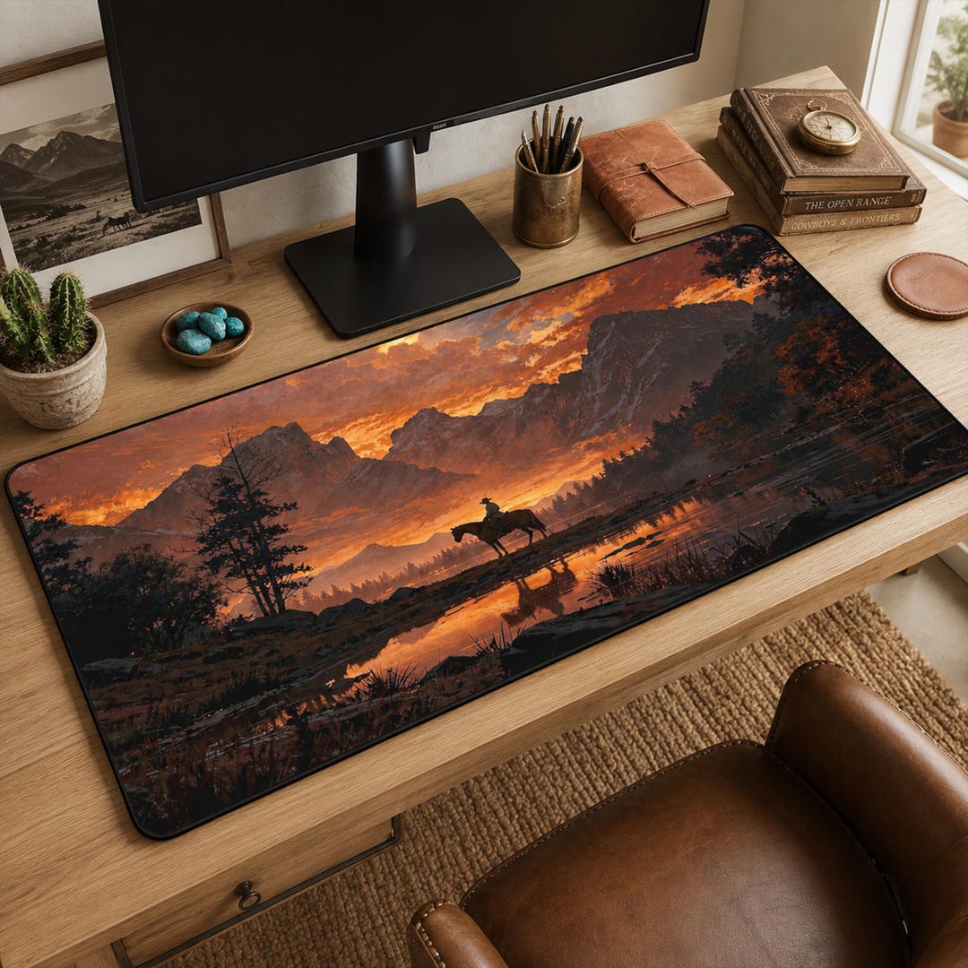Fire Sky Cowboy Desk Mat, Desert Art Mouse Pad, Western Office Decor - Etsy