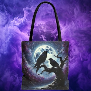 Moonlit Crows Tote Bag, Gothic Tote Bag, Goth Decor, Halloween Gift, Goth Bag, Spooky Tote, Shoulder Bag, Crow Lover Gift