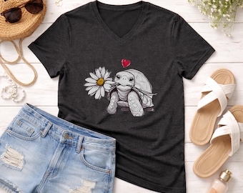 Turtle & Daisy V-Neck T-Shirt, Sketch Gift, Daisy Lovers