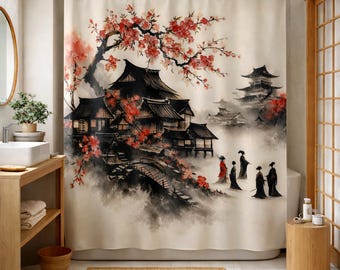 Temples and Cherry Blossoms Shower Curtains, Japanese Shower Curtain