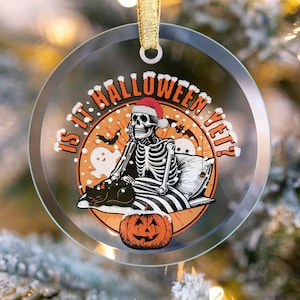 Spooky Christmas Tree Ornament: Skeleton in Santa Hat Glass Decoration