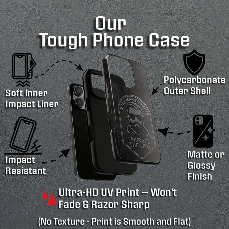 May include: Black phone case with the text "Our Tough Phone Case". Features include a soft inner impact liner, polycarbonate outer shell, and matte or glossy finish. The case has a graphic of a man with the text "Embrace the Gray".