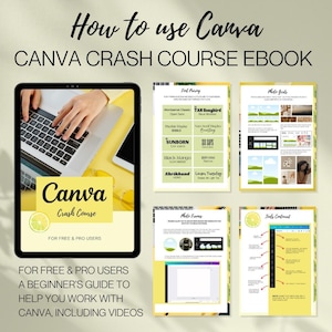 Puede incluir: Una portada de libro electrónico titulada "How to use Canva" con el texto "CANVA CRASH COURSE EBOOK". La portada presenta una tableta con el logotipo de Canva y las palabras "Canva Crash Course" y "FOR FREE & PRO USERS". Páginas adicionales muestran consejos de diseño.