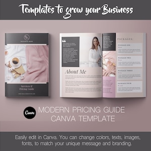 Canva Services Pricing Guide Vorlage mit Preislisten, Über mich, Galerie- und Testimonials-Seiten für ein kreatives Business-Geschenk