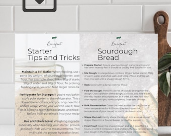 Puede incluir: Una guía imprimible con consejos y trucos para hacer masa madre y pan de masa madre. La guía incluye instrucciones para alimentar la masa madre, almacenarla en el refrigerador y usar una báscula de cocina para obtener medidas precisas. También incluye instrucciones para dar forma, dejar levar y hornear el pan de masa madre.