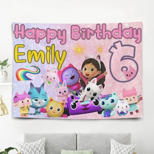 Gabby Birthday Party Banner Decoration, Custom Dollhouse Birthday Party Supplies Banner Backdrop, Kids Birthday Party Supplies
