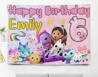 Banner de cumpleaños personalizado para casa de muñecas Gabby Kitties, telón de fondo personalizado para fiesta de Gabby Girls