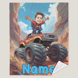 Personalized Monster Truck Blanket: Custom Boy&#39;s Name & Face Gift