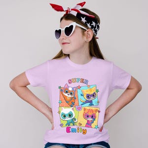 Personalize Super Cat Hero Kids Birthday T-Shirt Gift, Custom Name Kitties Birthday T-Shirt Gift, Kids Birthday Party Supplies