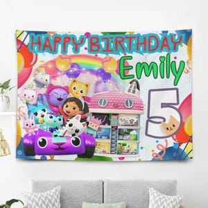 Personalize Gabby Birthday Party Banner Backdrop, Custom Dollhouse Birthday Party Decoration Supplies, Kids Gabby Birthday Gift