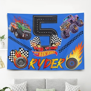 Custom Race Car Birthday Party Banner, Personalized Name Age Hot Race Car Wheel Party Banner Backdrop, Kids Birthday Party Supplies