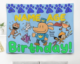 Fondo de pancarta de cumpleaños de DogMan personalizado, decoración personalizada para fiesta infantil de perro policía.