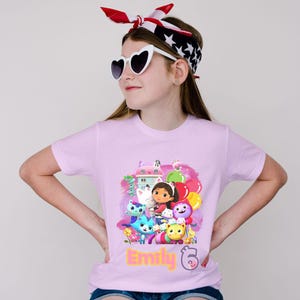 Custom Girls Gabby Cat Birthday Shirt Gift, Personalize Name and Age Gabby Birthday Shirt Gift, Girls Dollhouse Cat Party T-shirt