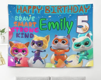Fondo de pancarta de cumpleaños de superhéroe gato personalizado, nombre personalizado y edad, decoración de fiesta de gatitos