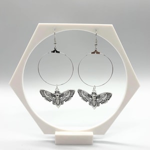Death&#39;s Head Moth Hoop Earrings: Antique Silver Gothic Jewelry