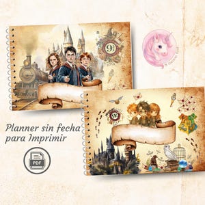 Puede incluir: Planificador con espiral con ilustraciones de acuarela con personajes y escenas de la serie Harry Potter. El diseño incluye el castillo de Hogwarts, un tren y el texto "Planner sin fecha para Imprimir". También es visible una pegatina de unicornio rosa.