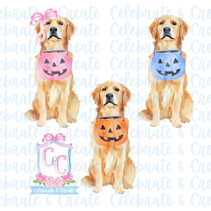 Conjunto aquarela de 3 Halloween Golden Retriever Balde de doces de abóbora PNG Clipart Grandmillennial Preppy Doodles Costume Outono Papelaria Tags