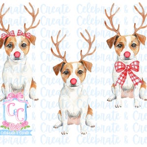 Set van 3 aquarel Rudolph Jack Russell Terrier hond puppy gewei & rode neus PNG clipart Grandmillennial doodles AI kerst