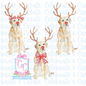Set van 3 aquarel Rudolph Yellow Lab labrador retriever hond gewei & rode neus PNG clipart Grandmillennial doodles AI Drew kerstjacht