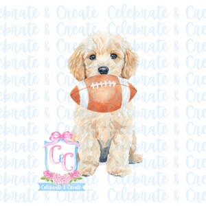 May include: Watercolor illustration of a golden doodle puppy holding an orange and white football. The puppy has light brown fur and blue eyes. A logo with the text "Celebrate & Create" is at the bottom.