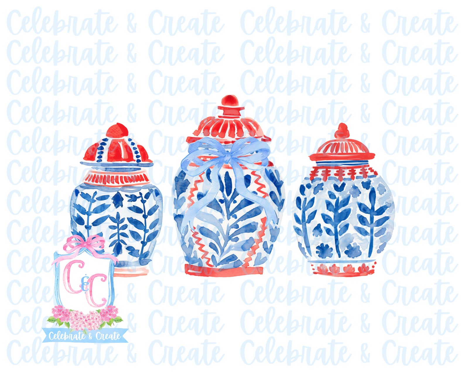 Watercolor Patriotic American Ginger Jar Trio Red White & Blue PNG ...