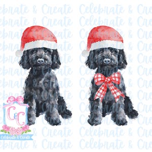 Conjunto de 2 chapéus de Papai Noel aquarela pretos Goldendoodle Doodle cachorro vermelho Gingham Bow PNG Clipart Grandmillennial Doodles Drew Christmas Goldendoodle
